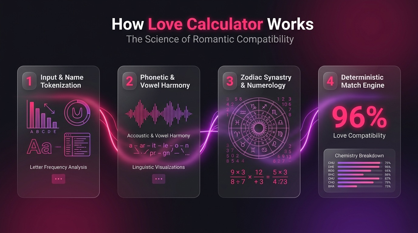 How Love Calculator Works Infographic: 4-Step Deterministic Name Compatibility, Vowel Harmony, Zodiac Synastry, and Numerology Algorithm